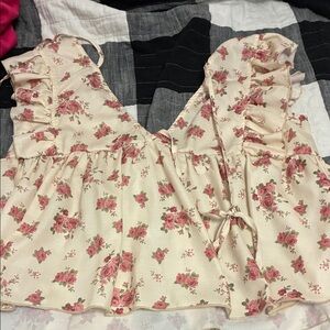 SHEIN Cream and Pink Floral Ruffle Blouse
